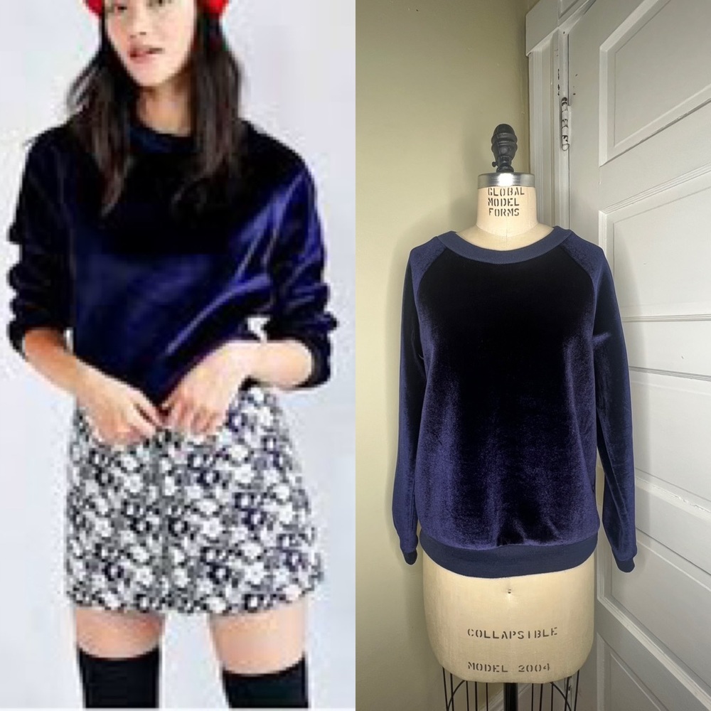 J.O.A. Los Angeles Velour Crew Sweatshirt Blue Small Raglan